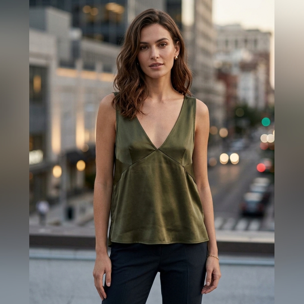 New - ZARA  camo green satin Vneck top.